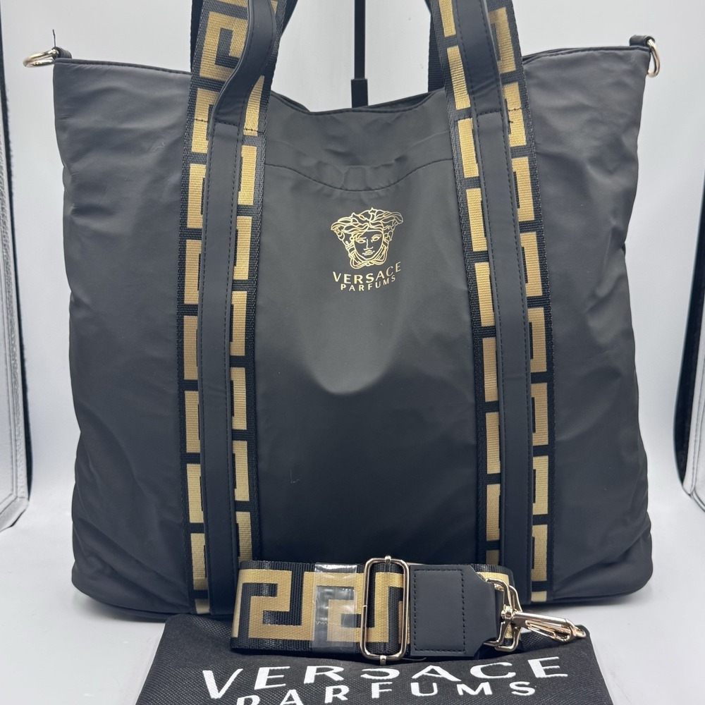 Versace Parfums Black Convertible Shoulder Bag Gold Greek Medusa Shopping Tote